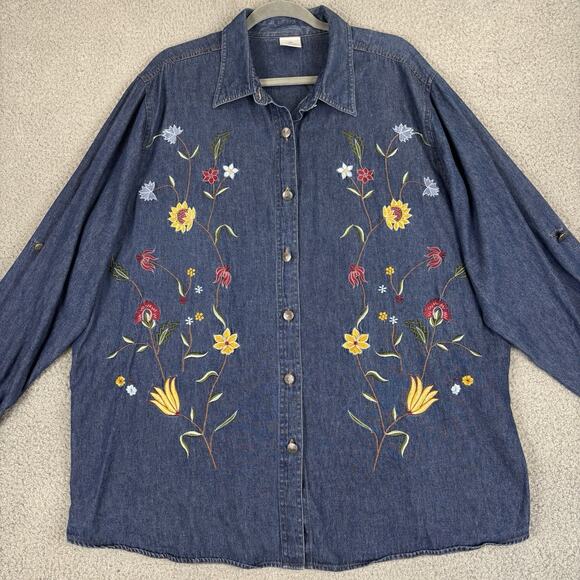 Unbranded Tops - VTG Denim Embroidered Top 3X Floral Cottage Prairie Teacher 100% Cotton Natural